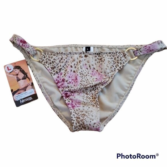 Nicolita Ladies Size Large Cream Brown Pink Leopard in Tropics Bikini Bottoms - Picture 1 of 4